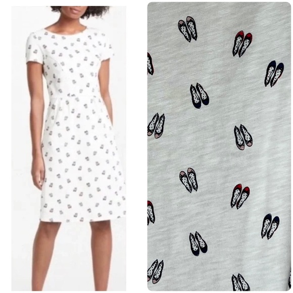 Boden | Comfy Jersey Ivory Novelty Graphic Shoe Print Dress | 14 - Picture 1 of 12